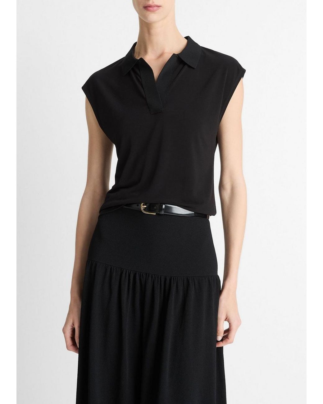 Vince Black Matte Jersey Cap-Sleeve Polo Top