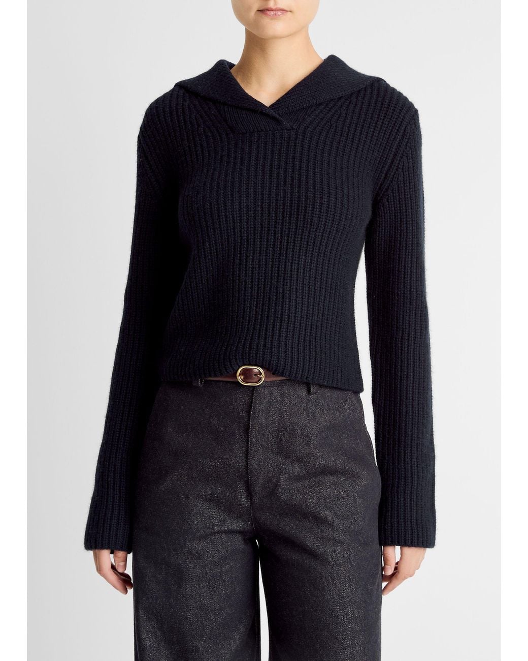 Vince Blue Ribbed Wool-Cashmere Sailor-Collar Sweater