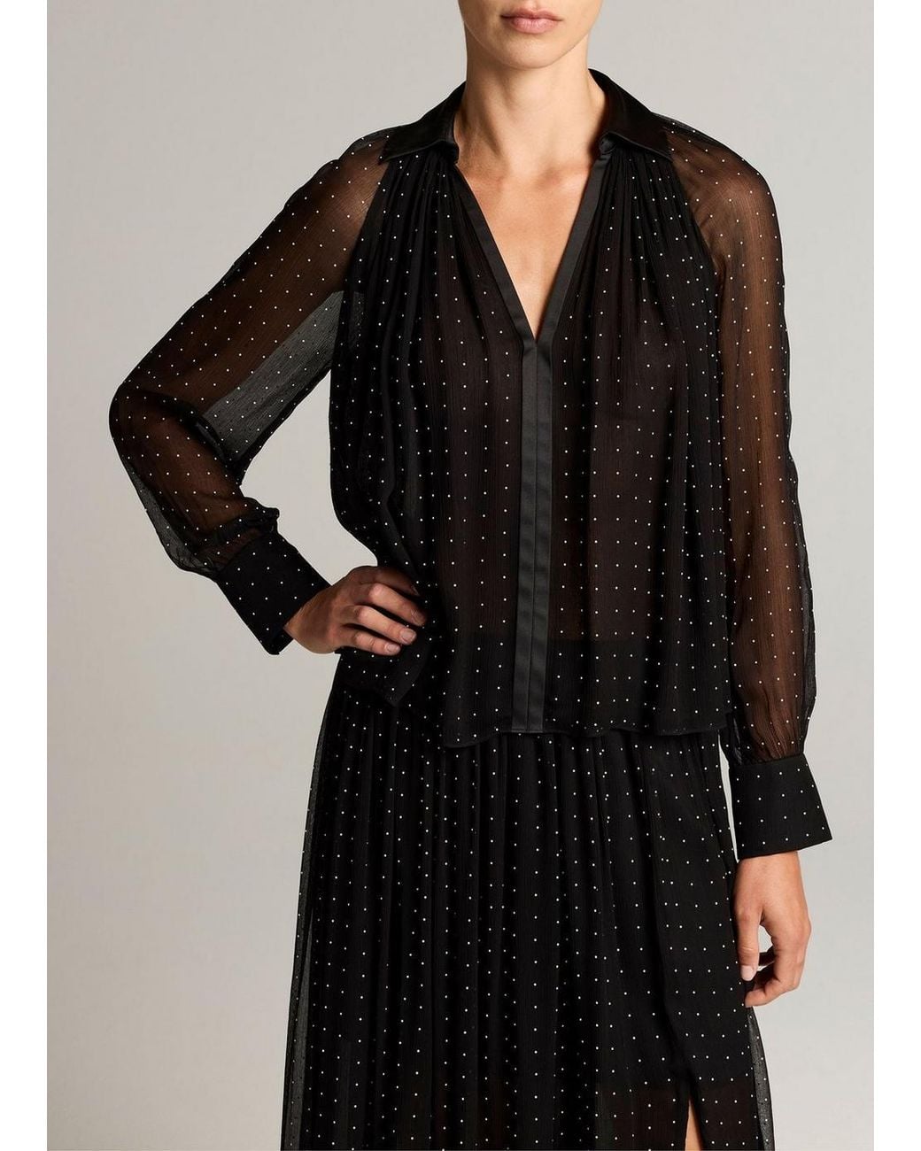 Vince Black Heat-Set Dot Chiffon Gathered Blouse