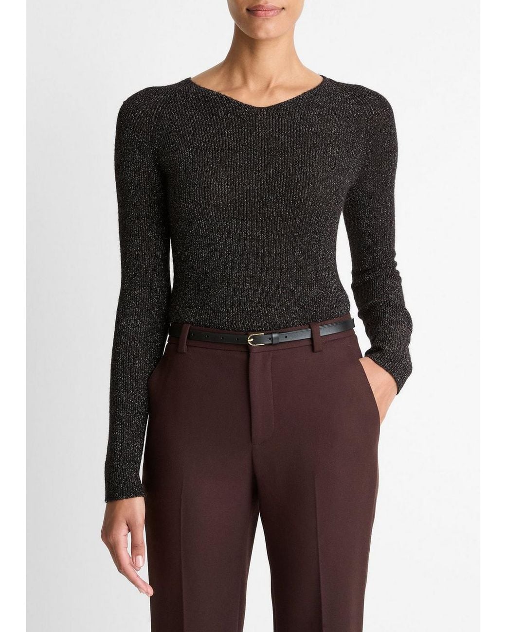 Vince Black Metallic Ribbed High V-Neck Sweater