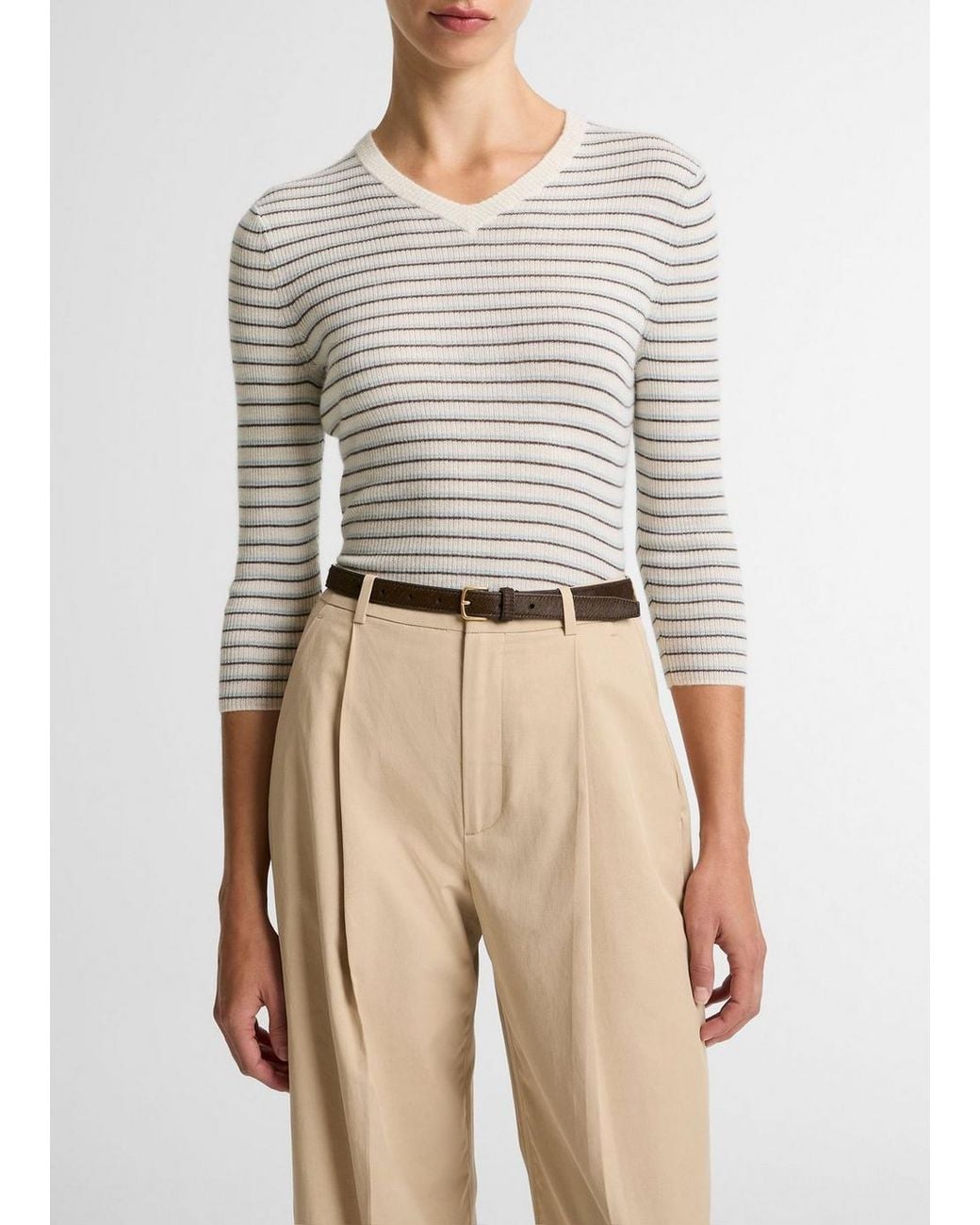 Vince Natural Striped Cashmere-Silk High V-Neck Sweater