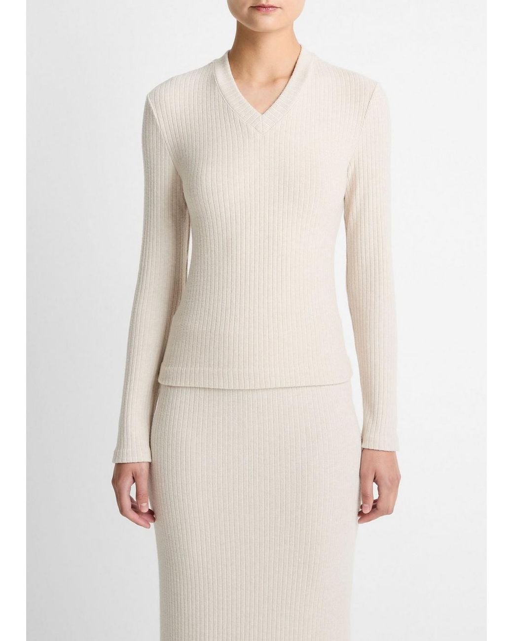 Vince White Cozy Rib High V-Neck Top