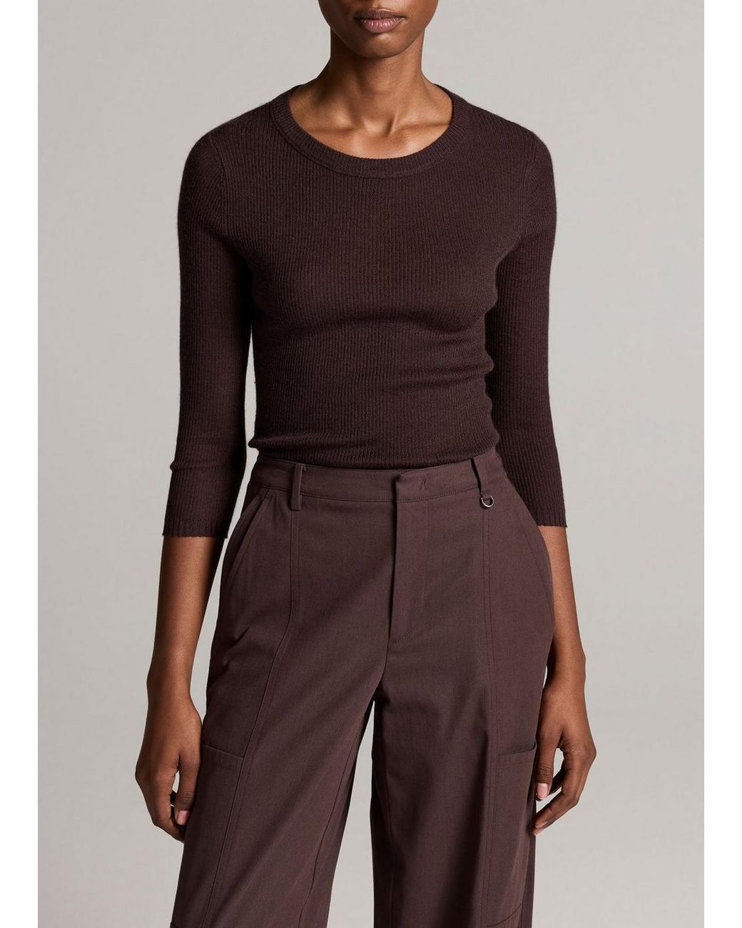 Vince Brown Ribbed Cashmere-Silk Three-Quarter-Sleeve Sweater