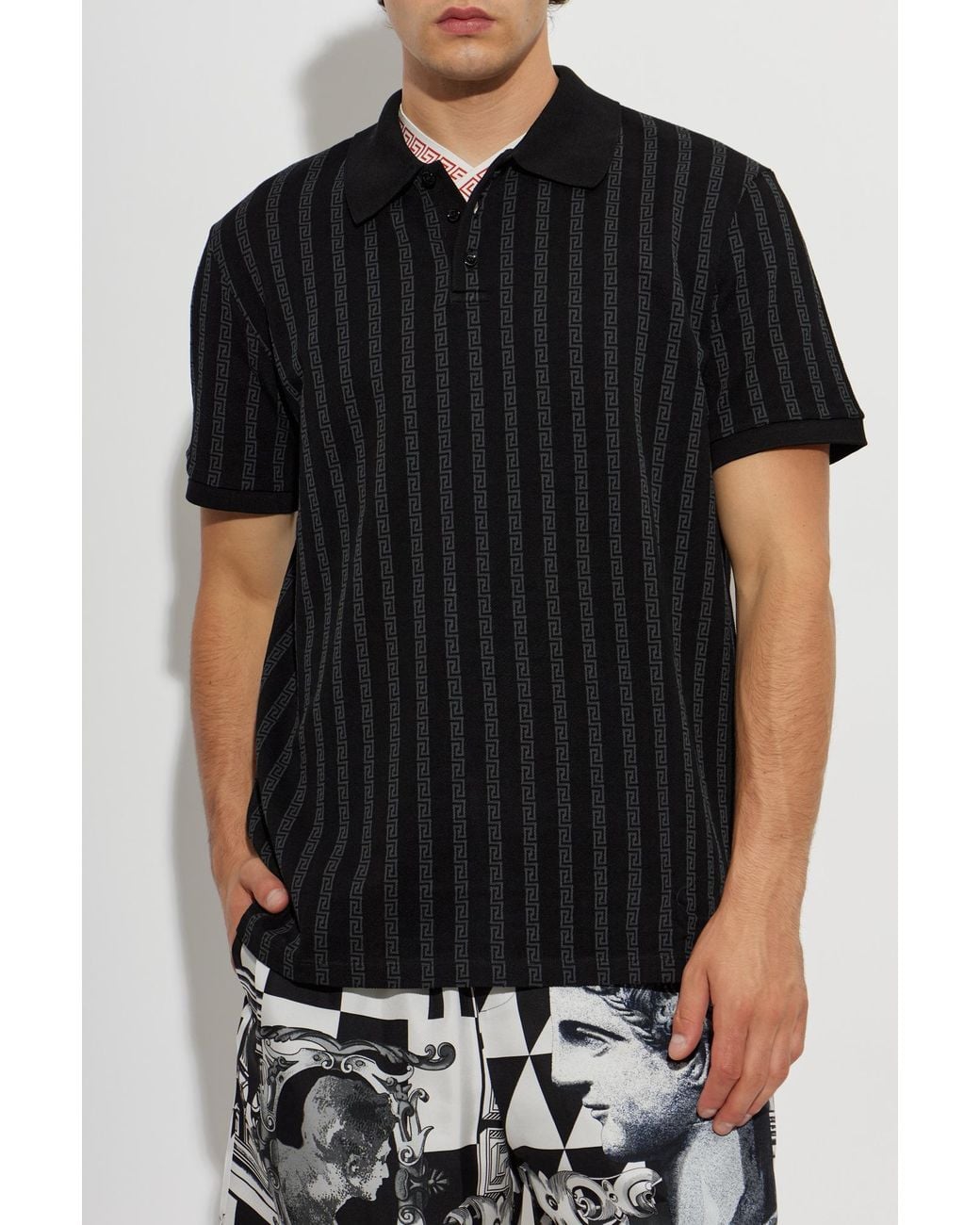 Versace Black Cotton Polo Shirt With Monogram for men
