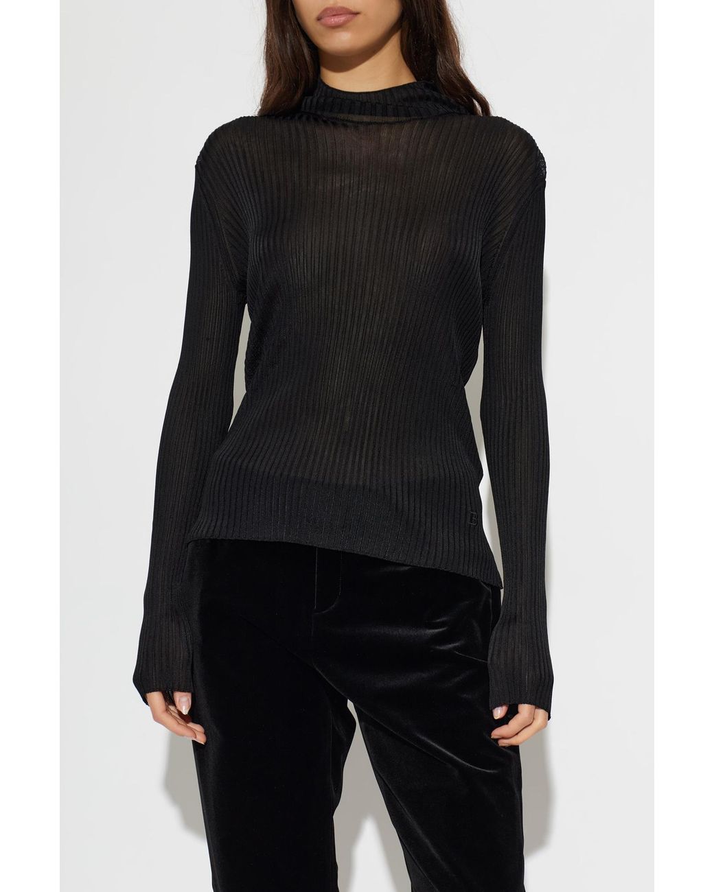Balmain Black Ribbed Mock Neck Top