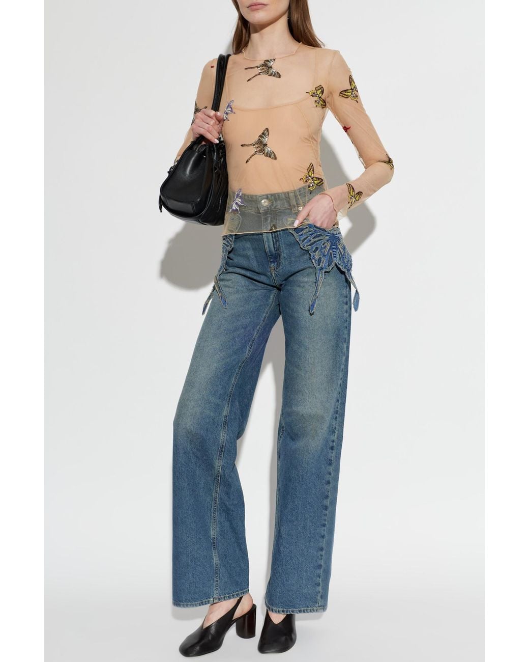 Blumarine Natural Tulle Top With Butterfly Motif
