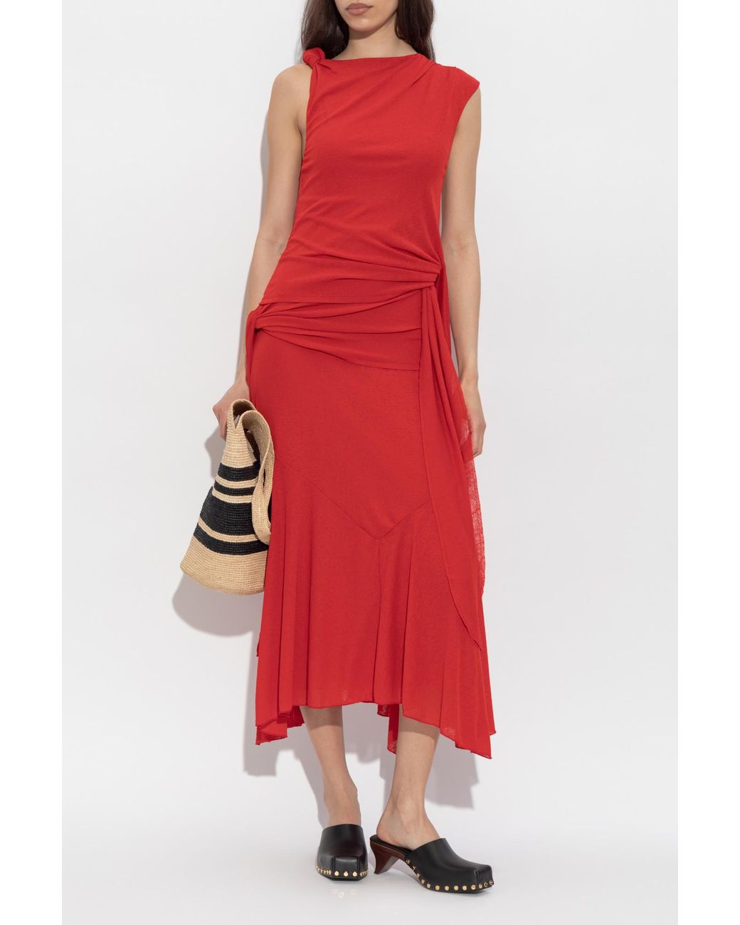 Ganni Red Asymmetrical Dress With Ruffles