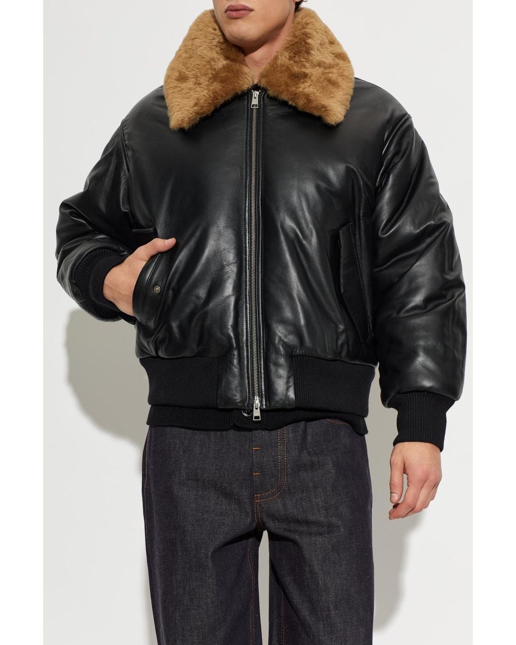 AMI Black Leather Jacket With Fur Collar for men