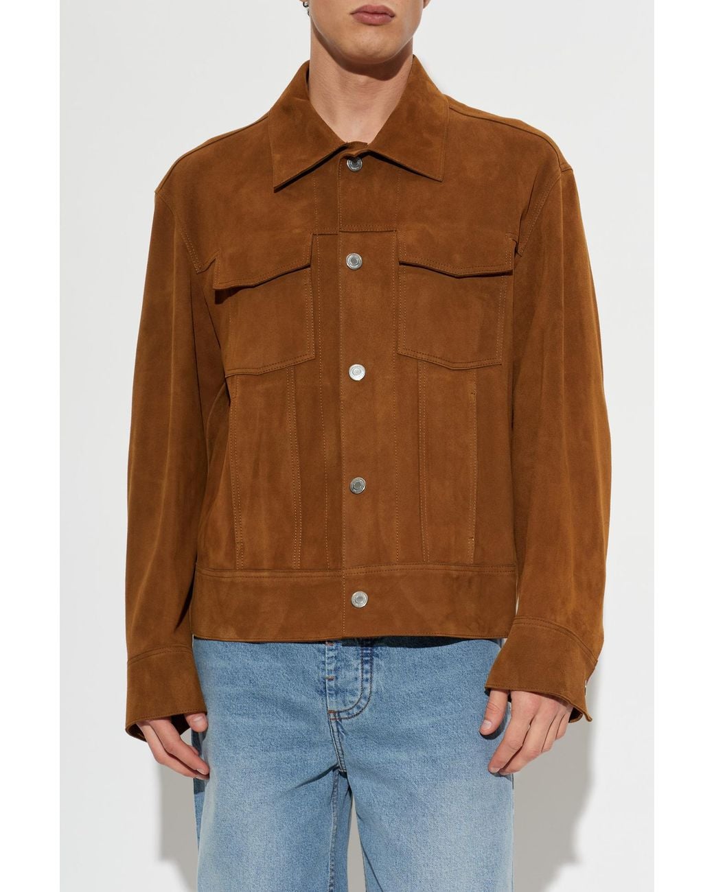 AMI Blue Suede Jacket With Embroidered Logo for men