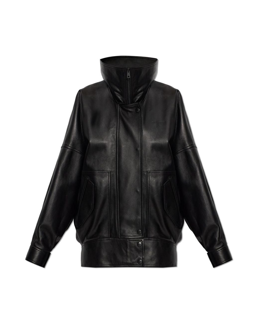 Balenciaga Black Leather Jacket With A Wide Collar