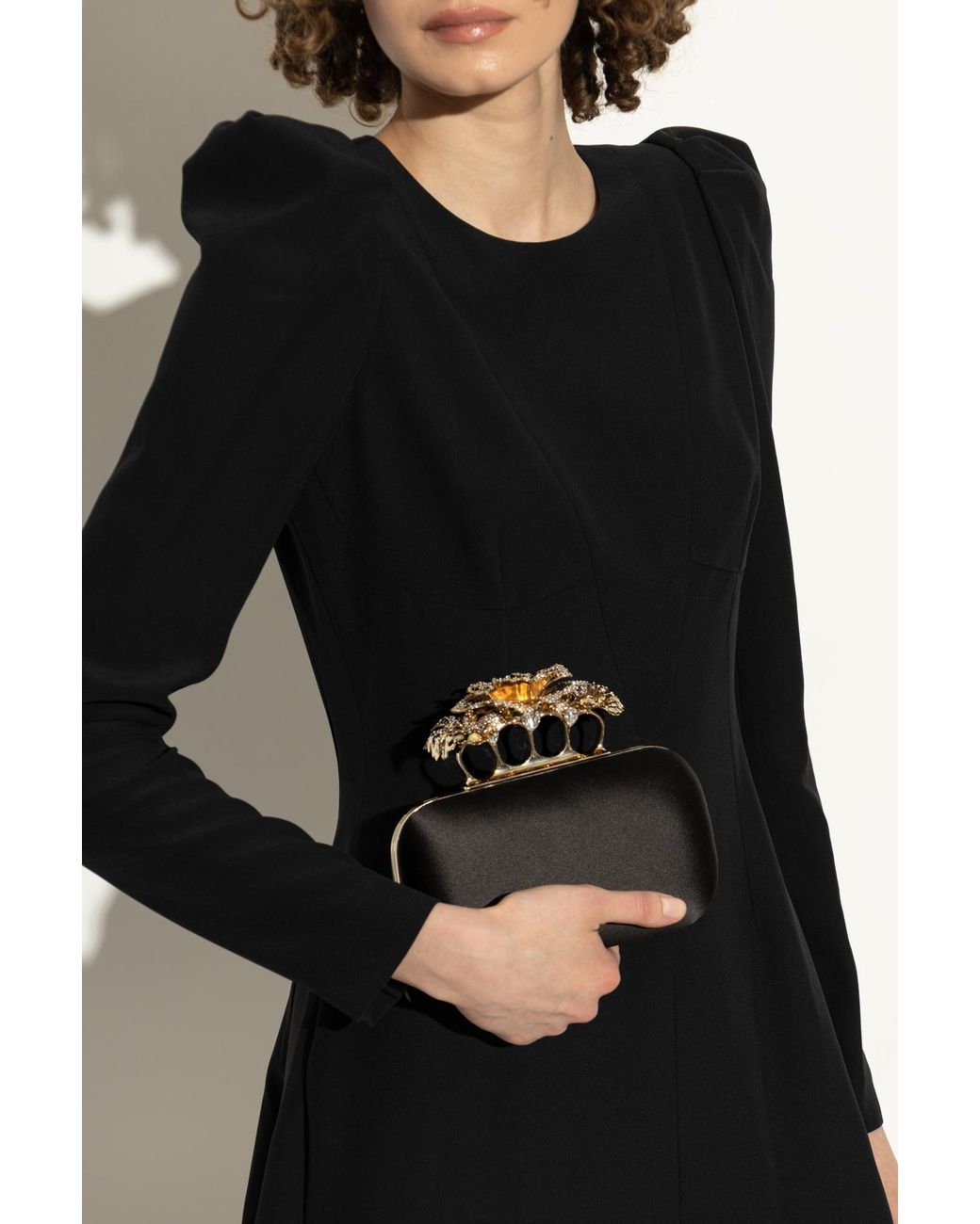 McQueen Black Carnation Knuckle Clutch
