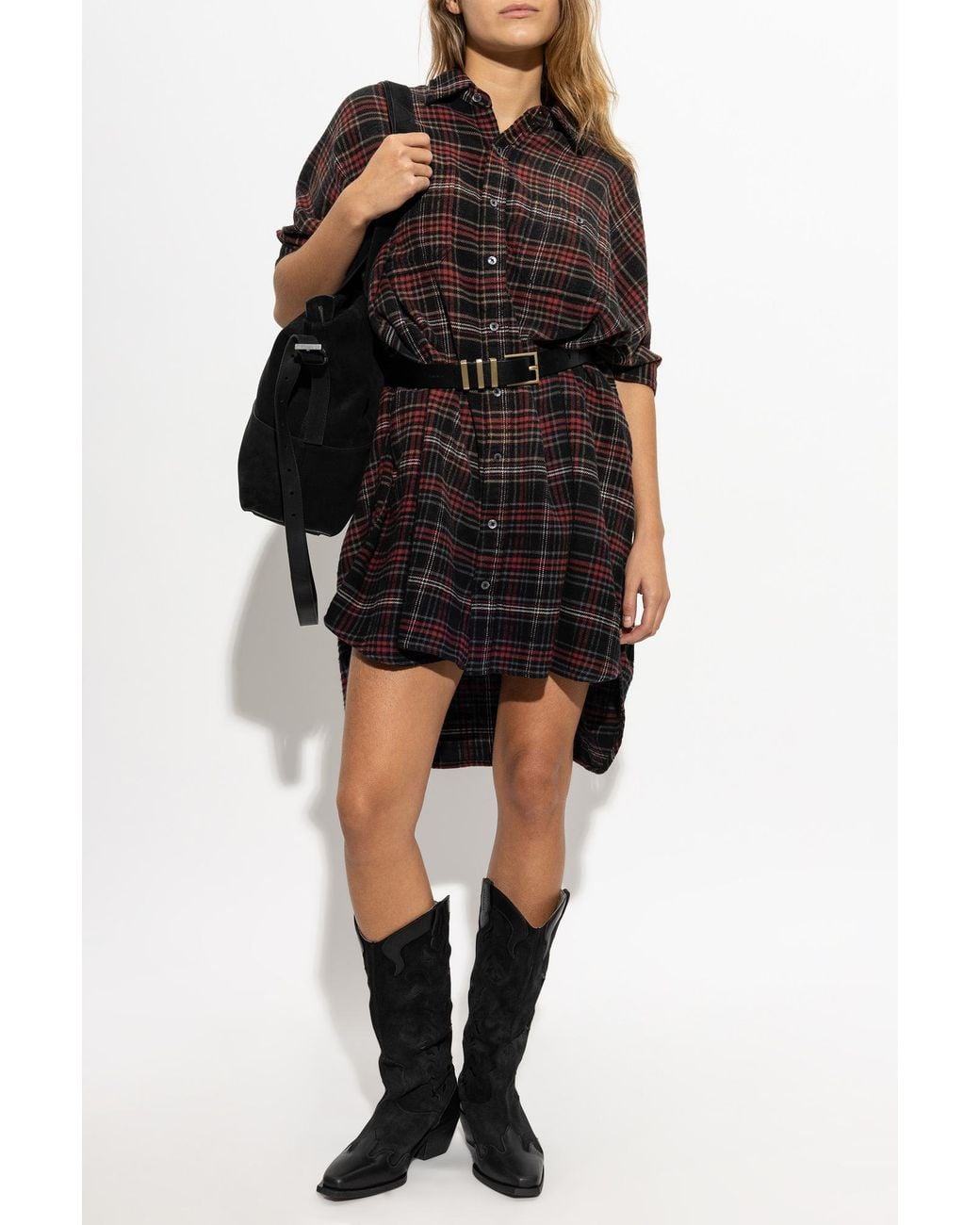 R13 Brown Plaid Pattern Shirt Dress