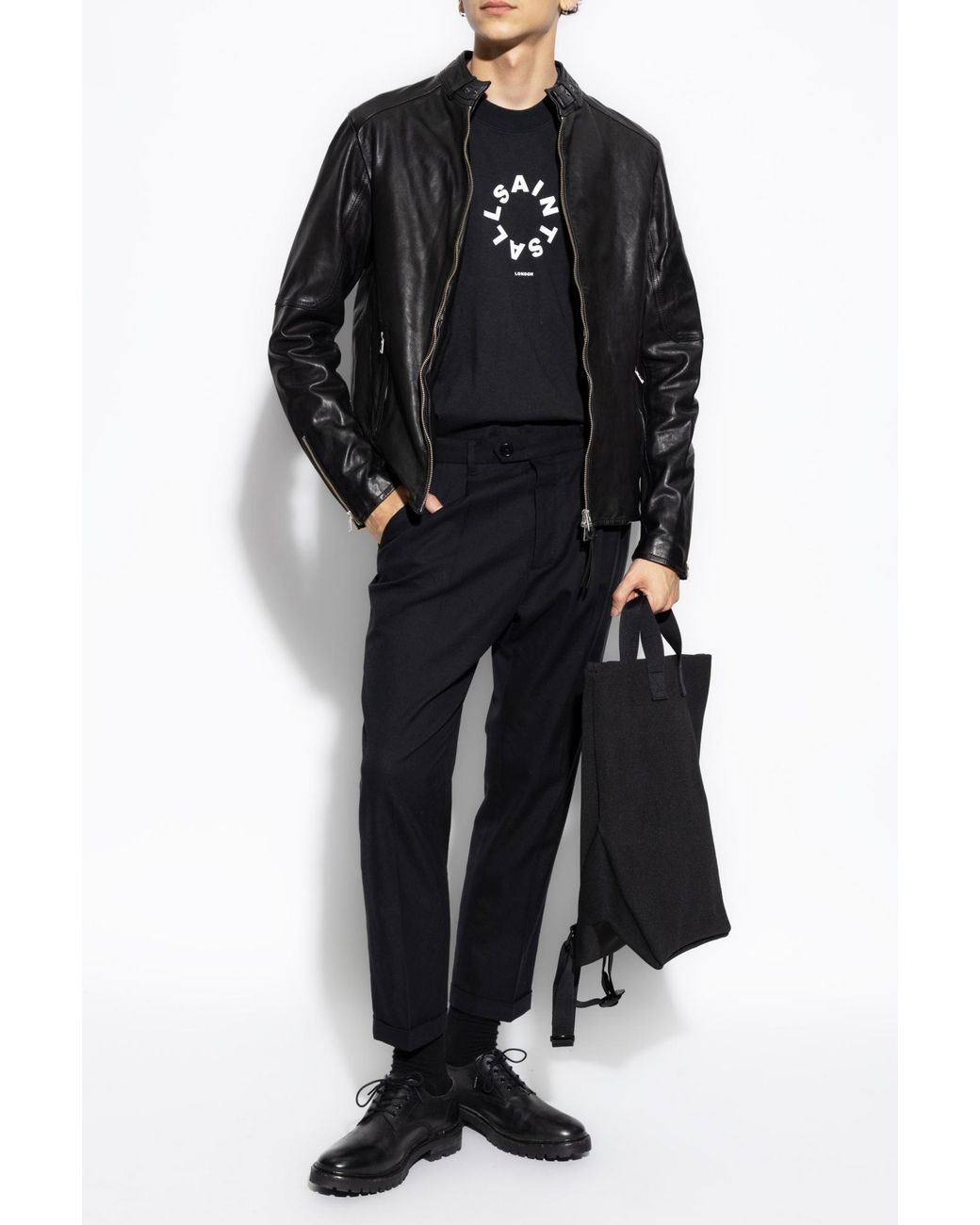 AllSaints Black Sleek Leather Biker Jacket for men