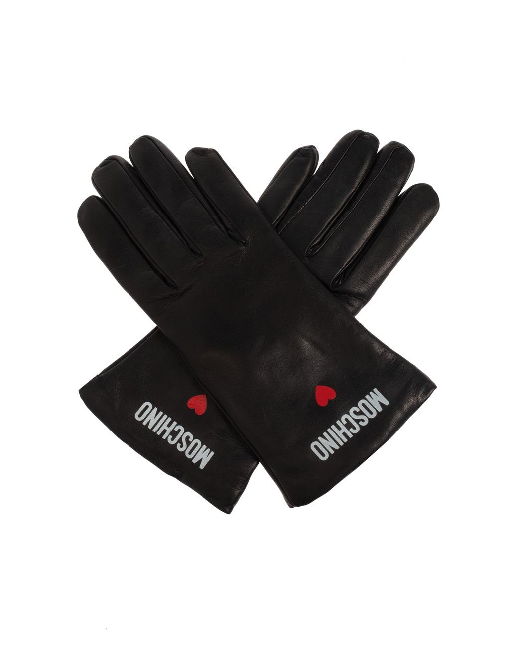Moschino Black Leather Gloves With Printed Logo