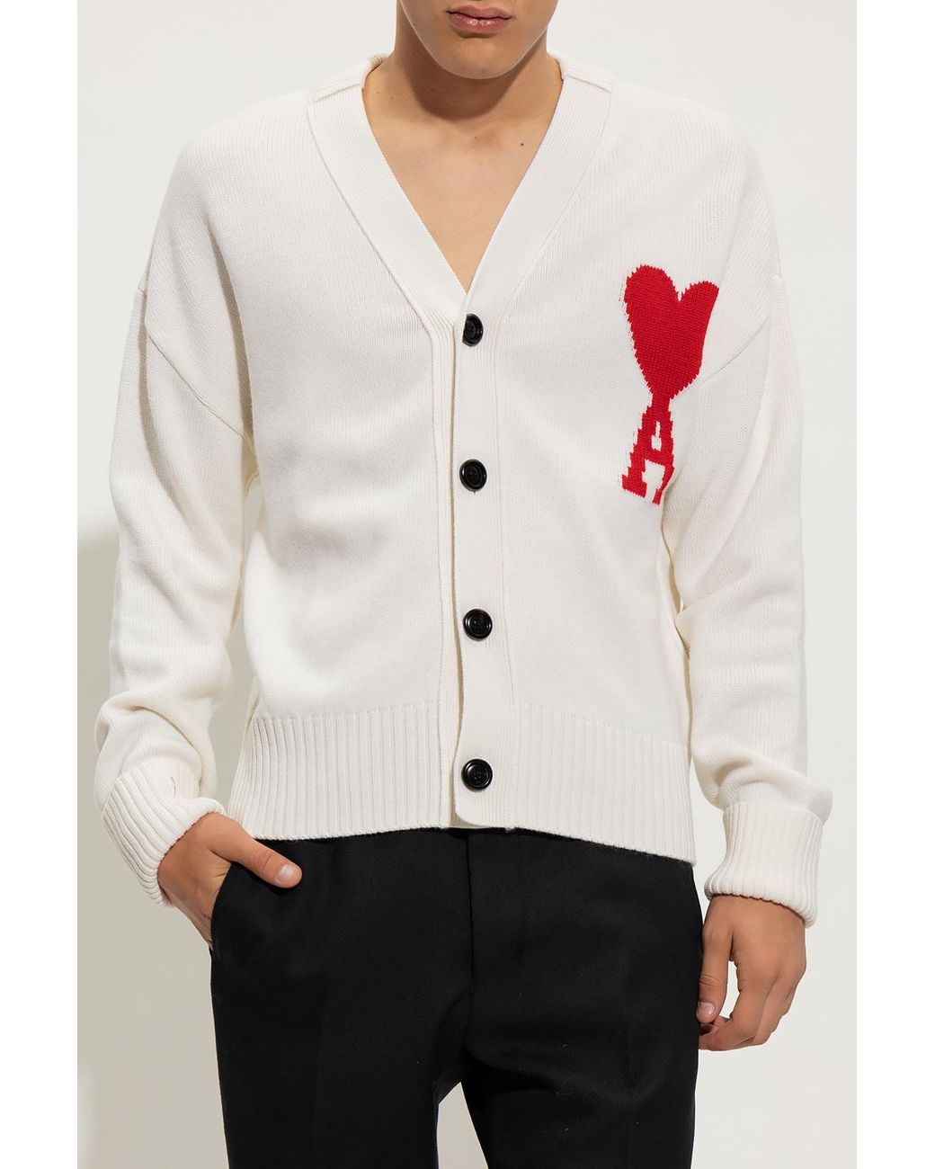 AMI Wool Cardigan With Logo in White 