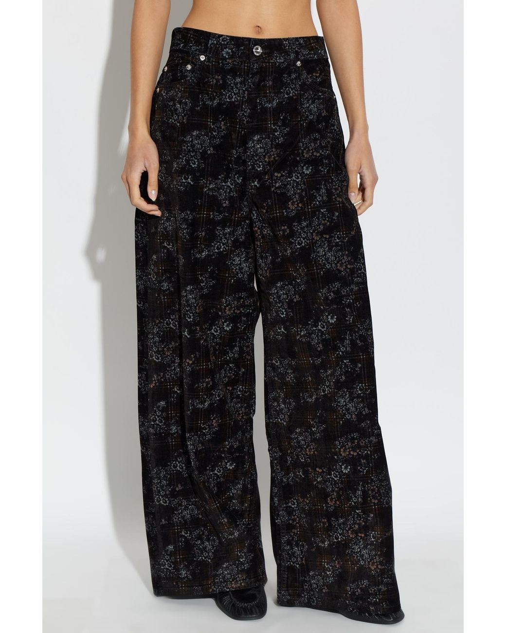 Ganni Black Velvet Floral-Patterned Trousers