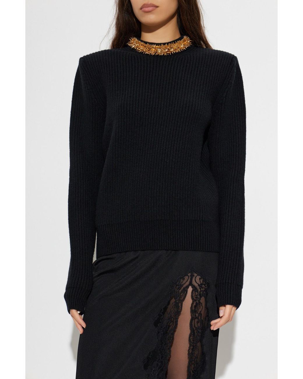 Balmain Black Embellished Neckline Sweater