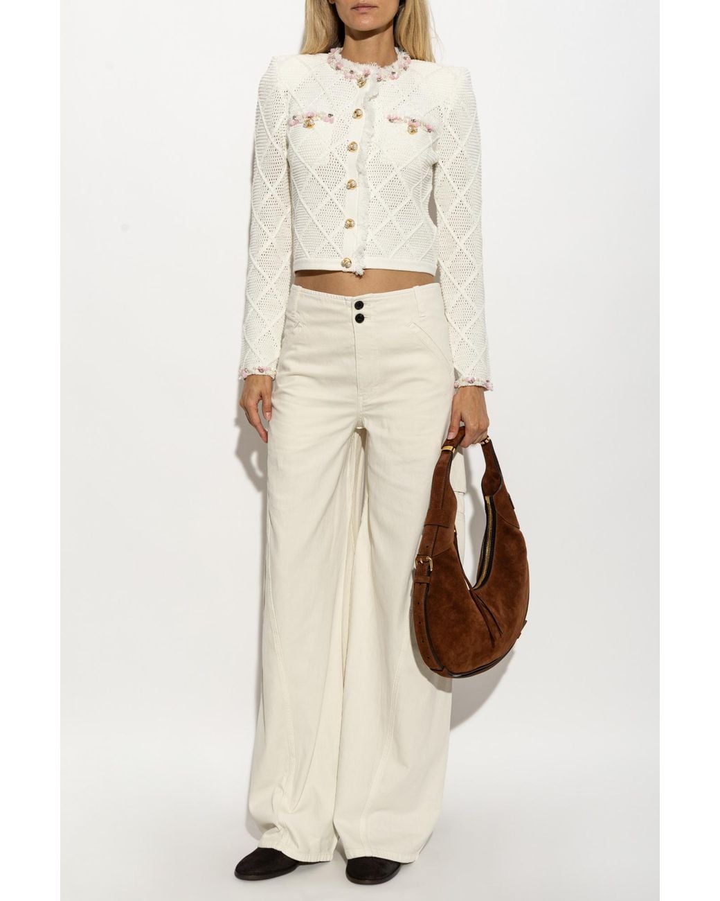 Self-Portrait White Knit Cardigan With Fringes