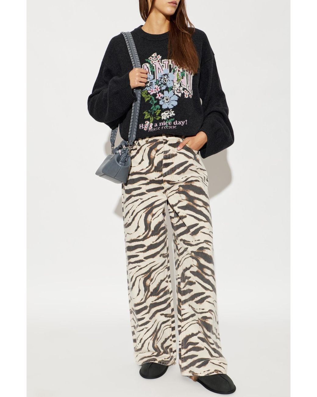 Ganni Black Sweater With Colorful Pattern And Logo