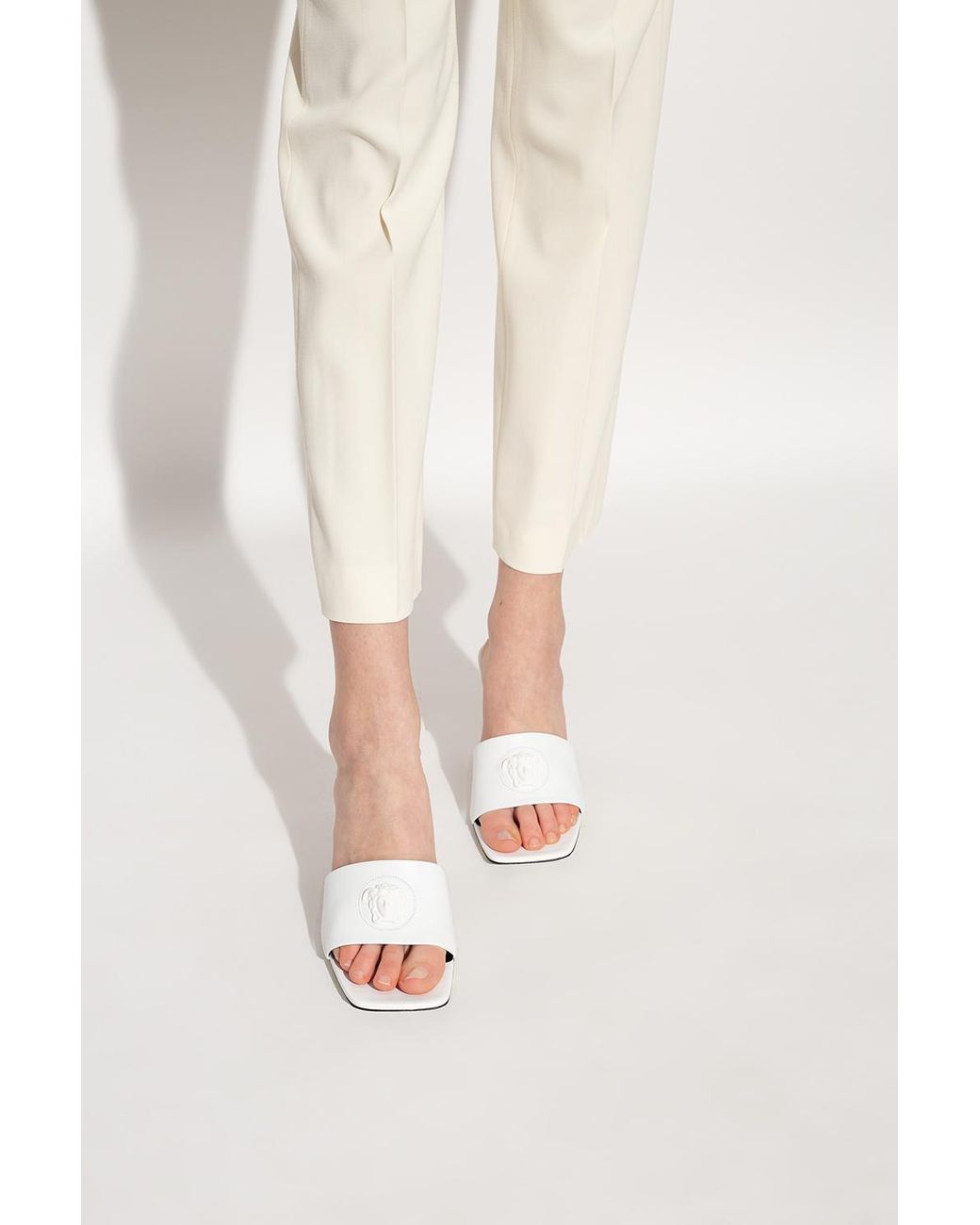 Versace Leather 'la Medusa' Heeled Mules in White - Lyst
