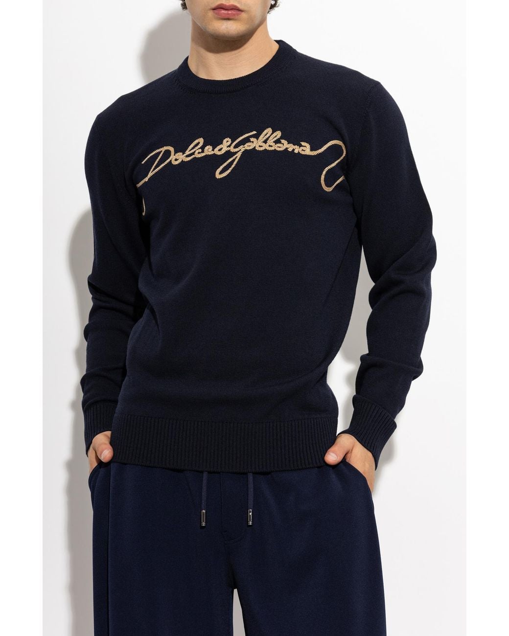 Dolce & Gabbana Blue Wool Sweater With Embroidered Logo for men