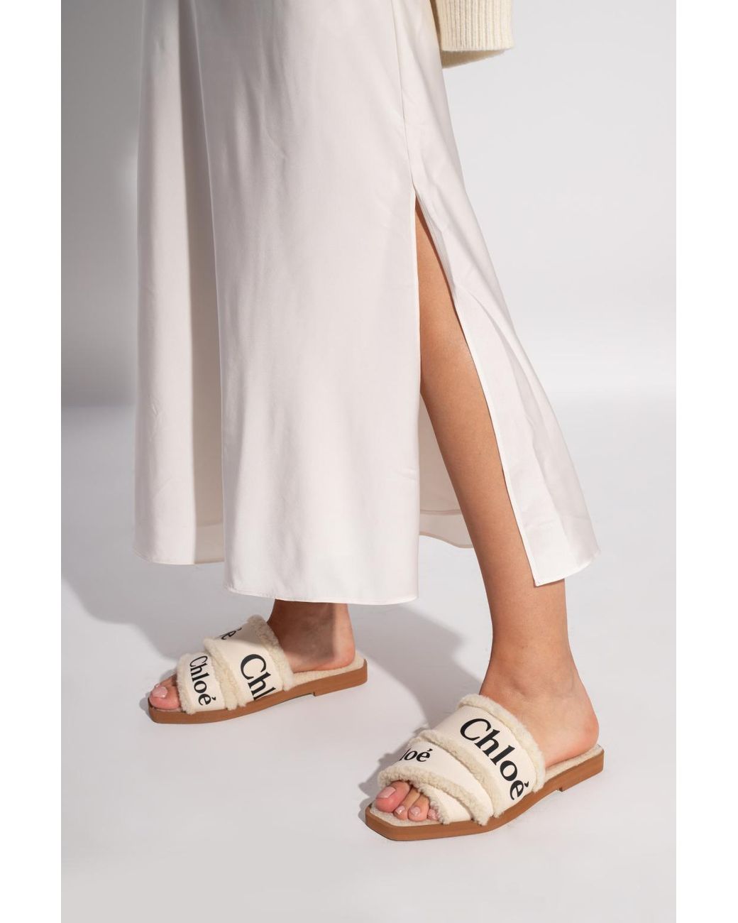 Chloé 'woody' Shearling Slides in Natural | Lyst