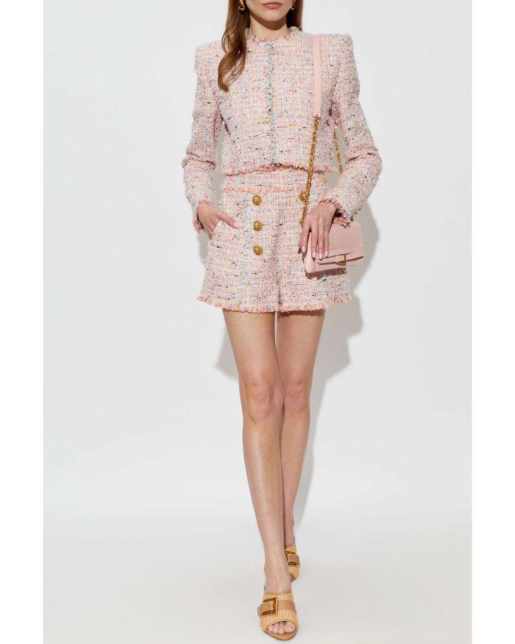 Balmain Pink Tweed Shorts With Decorative Buttons