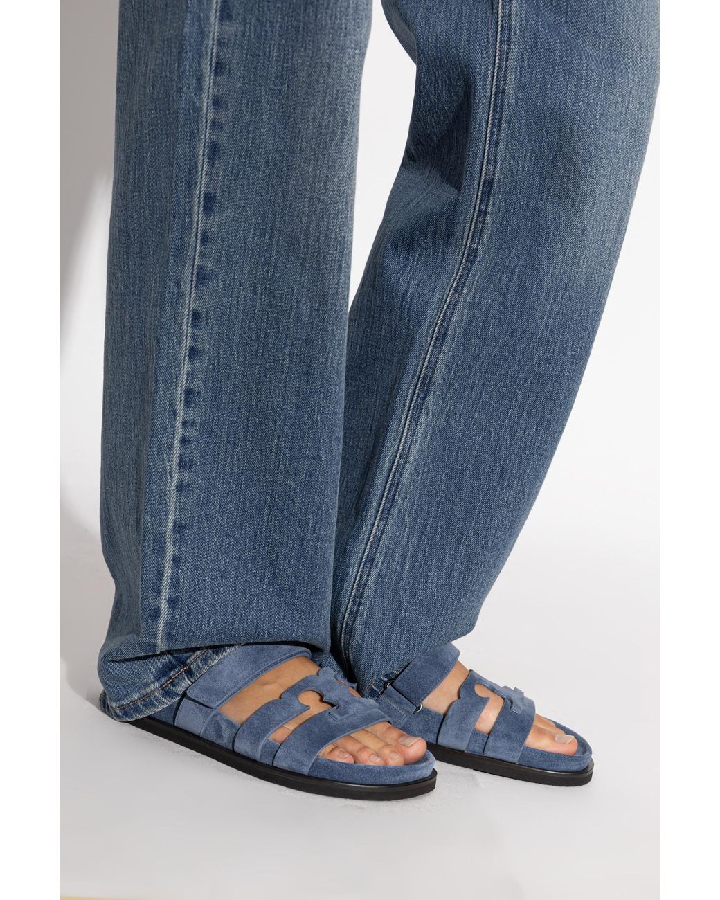 Tory Burch Blue Suede Slides "Ines"
