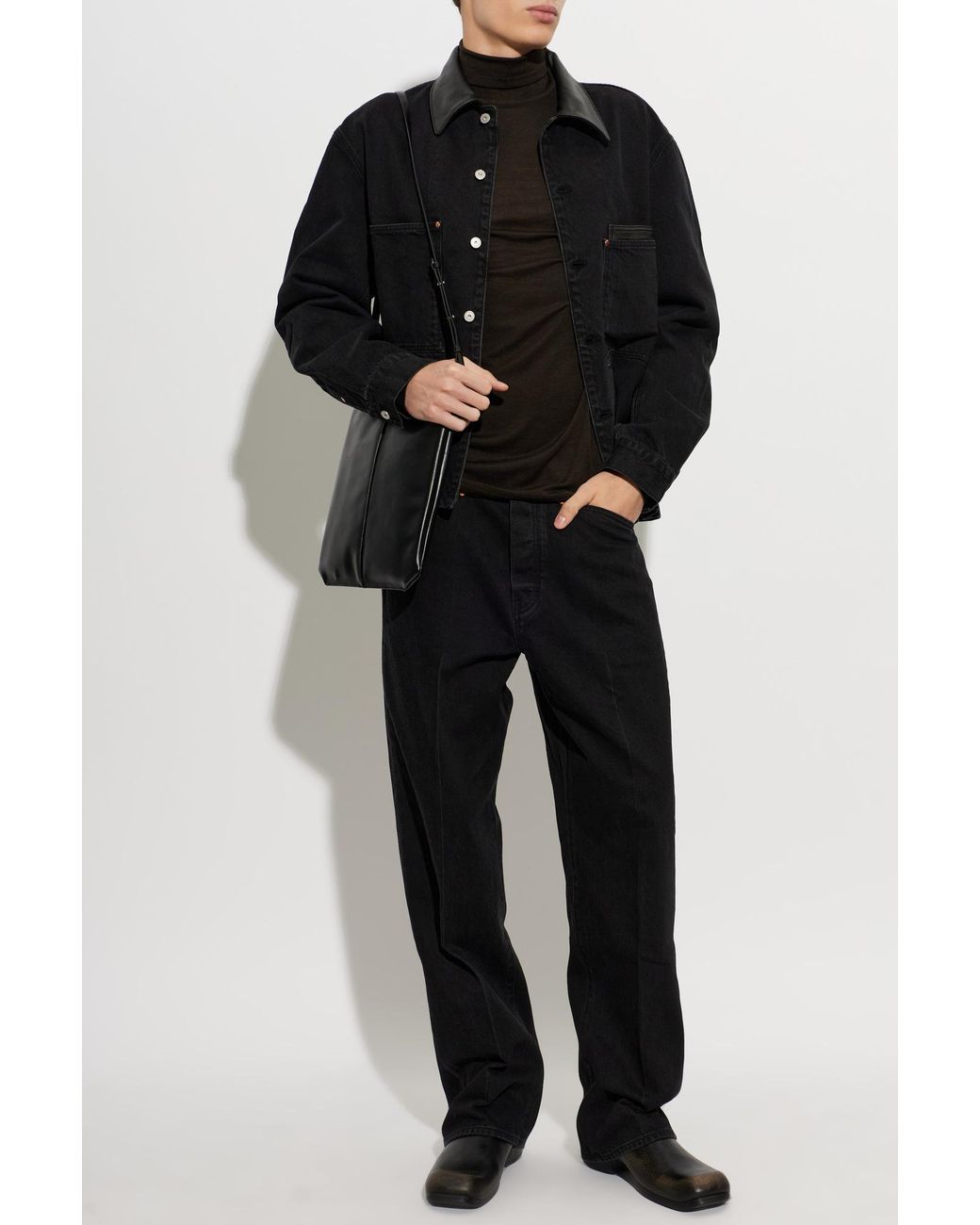 Lemaire Black Denim Jacket With Leather Collar for men