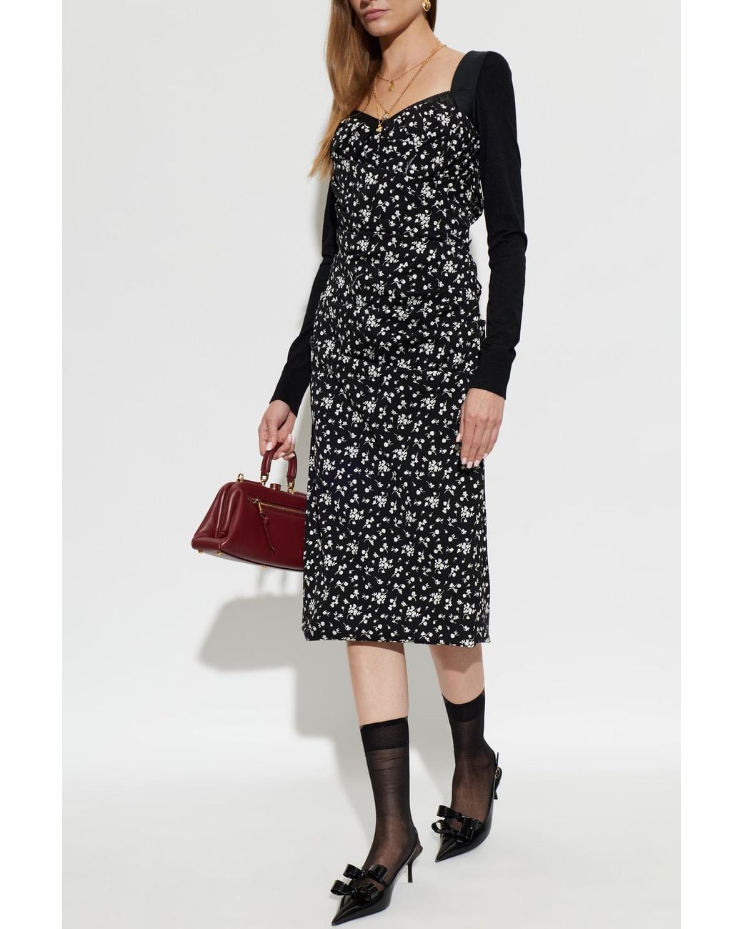 Dolce & Gabbana Black Silk Dress With Floral Motif