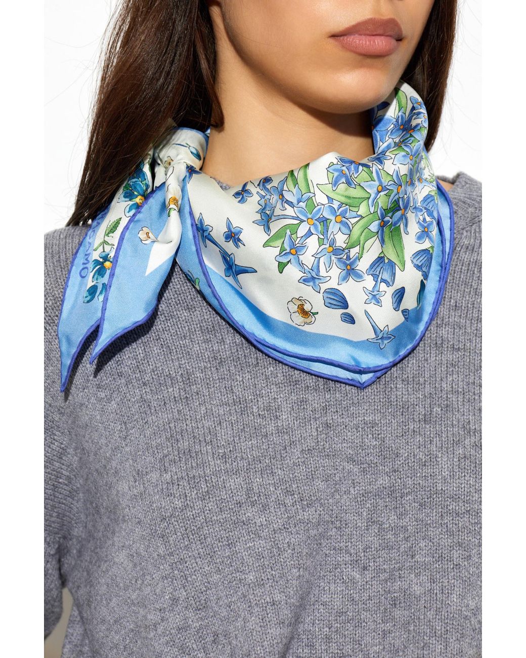 Ferragamo Blue Asymmetrical Scarf With Floral Motif