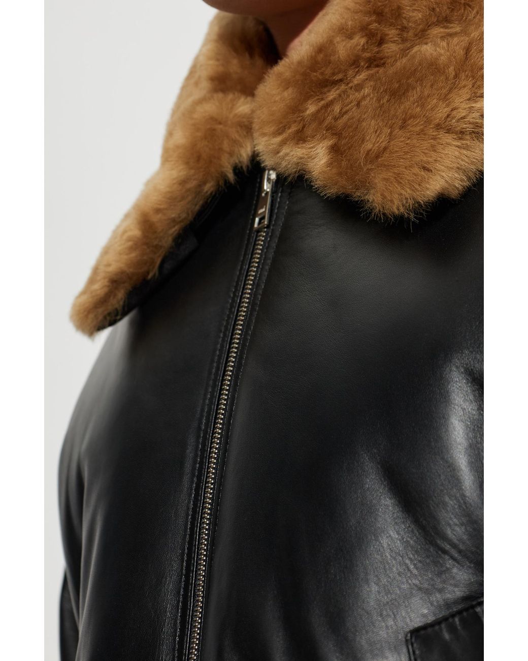 AMI Black Leather Jacket With Fur Collar for men