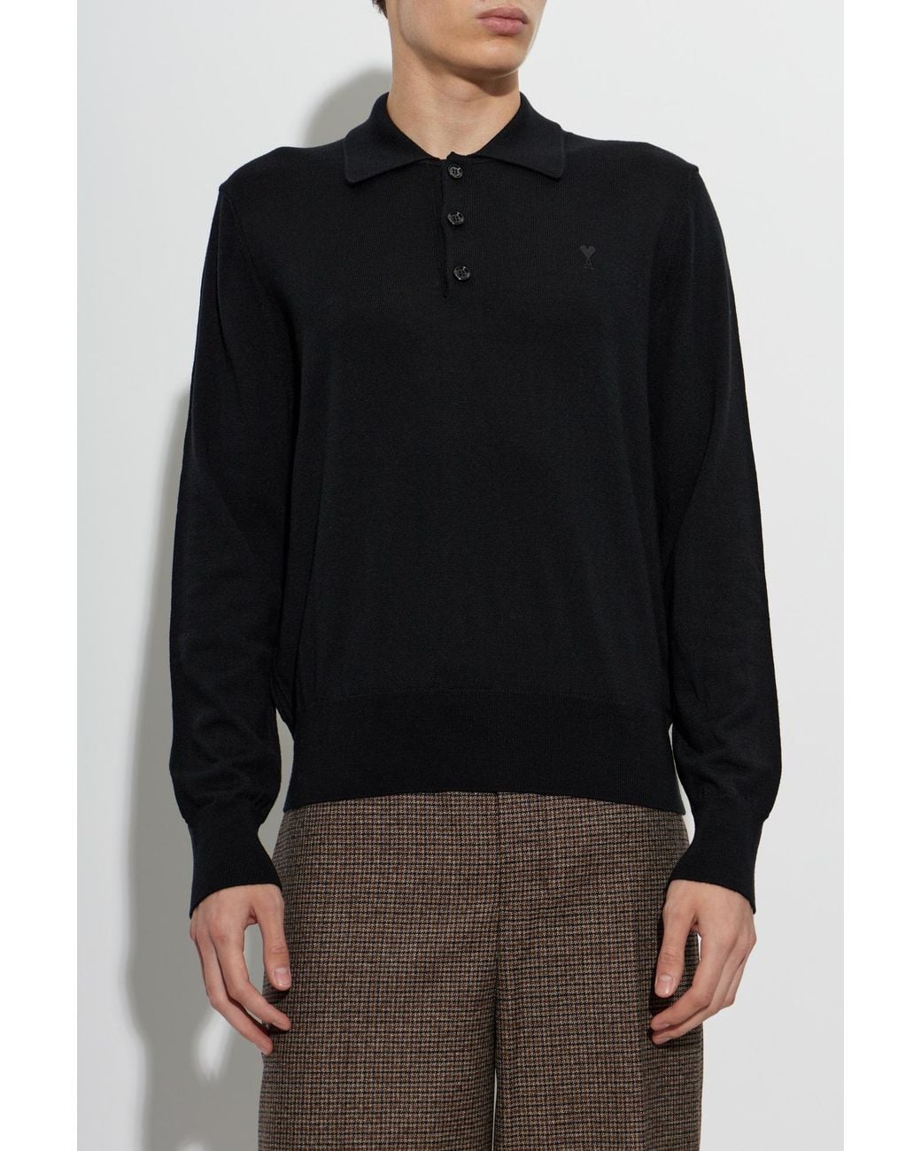 AMI Black Wool Polo Shirt With Embroidered Logo for men