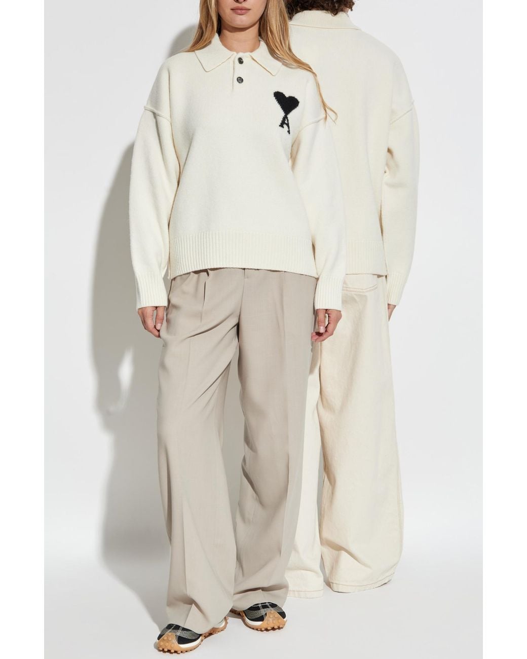 AMI White Wool Long-Sleeve Polo
