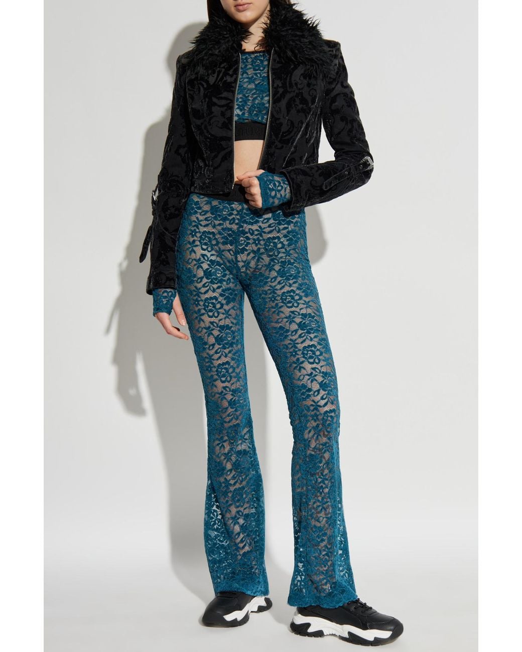 Versace Jeans Couture Blue Lace Top With Long Sleeves
