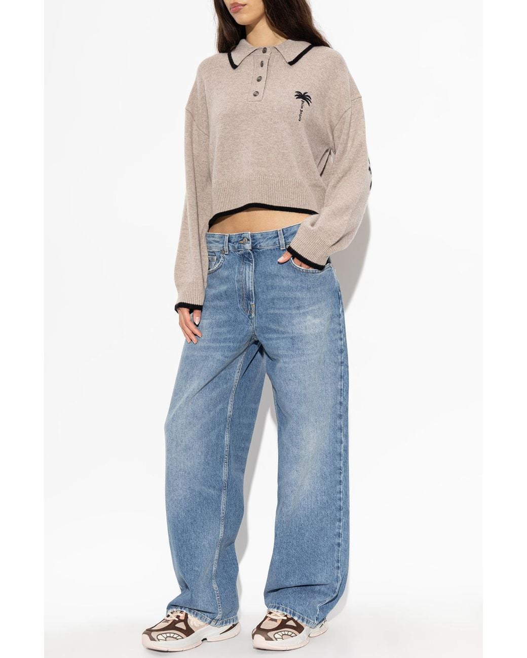 Palm Angels Natural Wool Polo Sweater With Long Sleeves