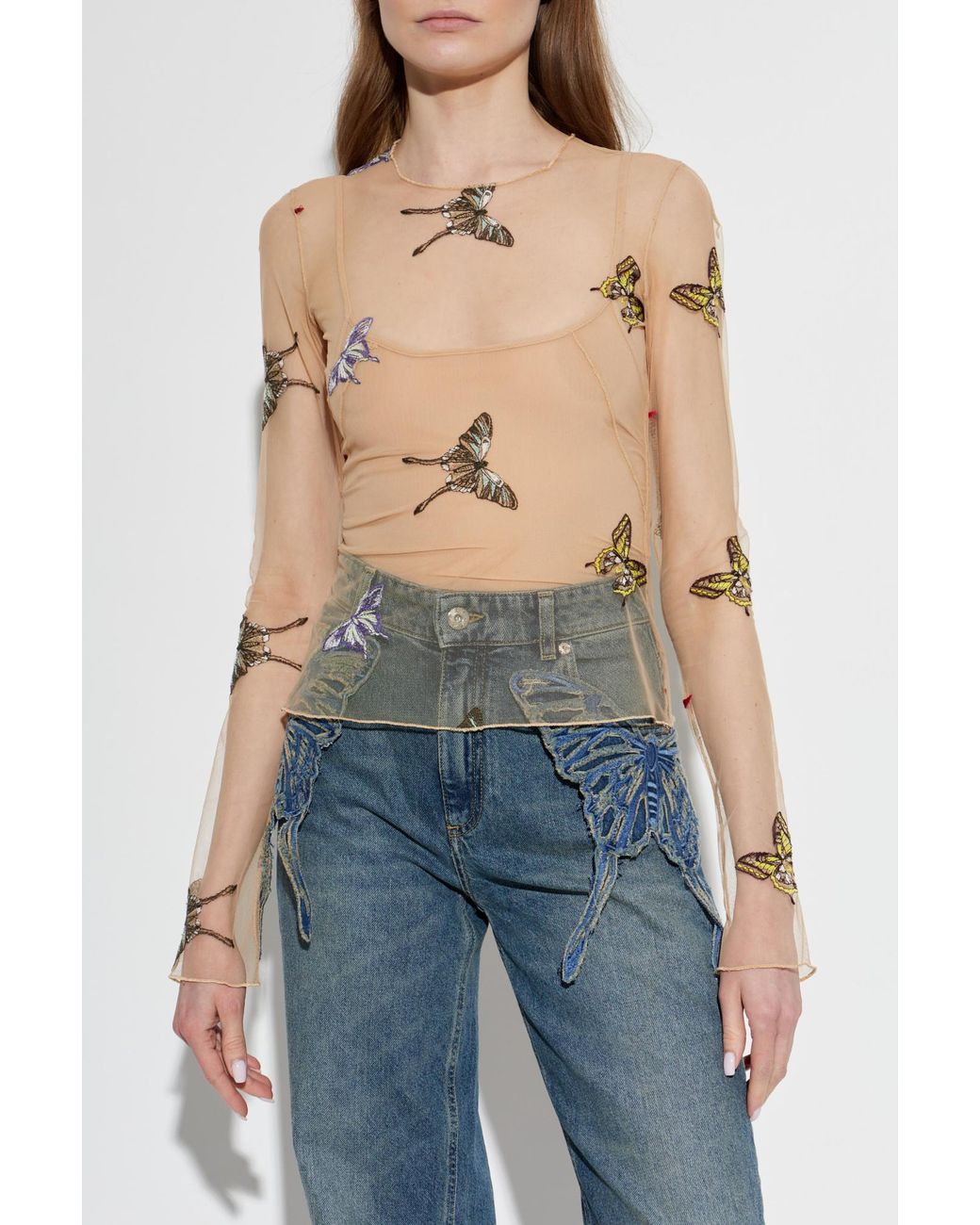 Blumarine Natural Tulle Top With Butterfly Motif