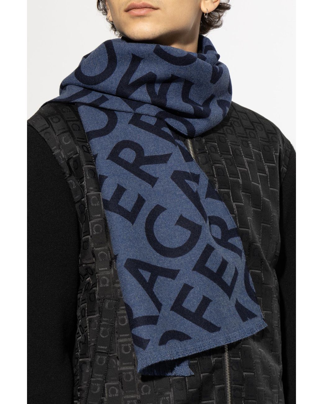 Ferragamo Blue Wool Scarf With Monogram for men