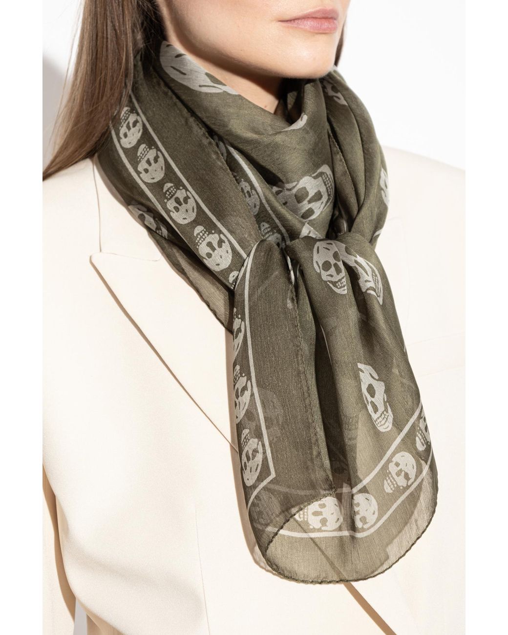McQueen Green Silk Scarf With Iconic Skull Motif