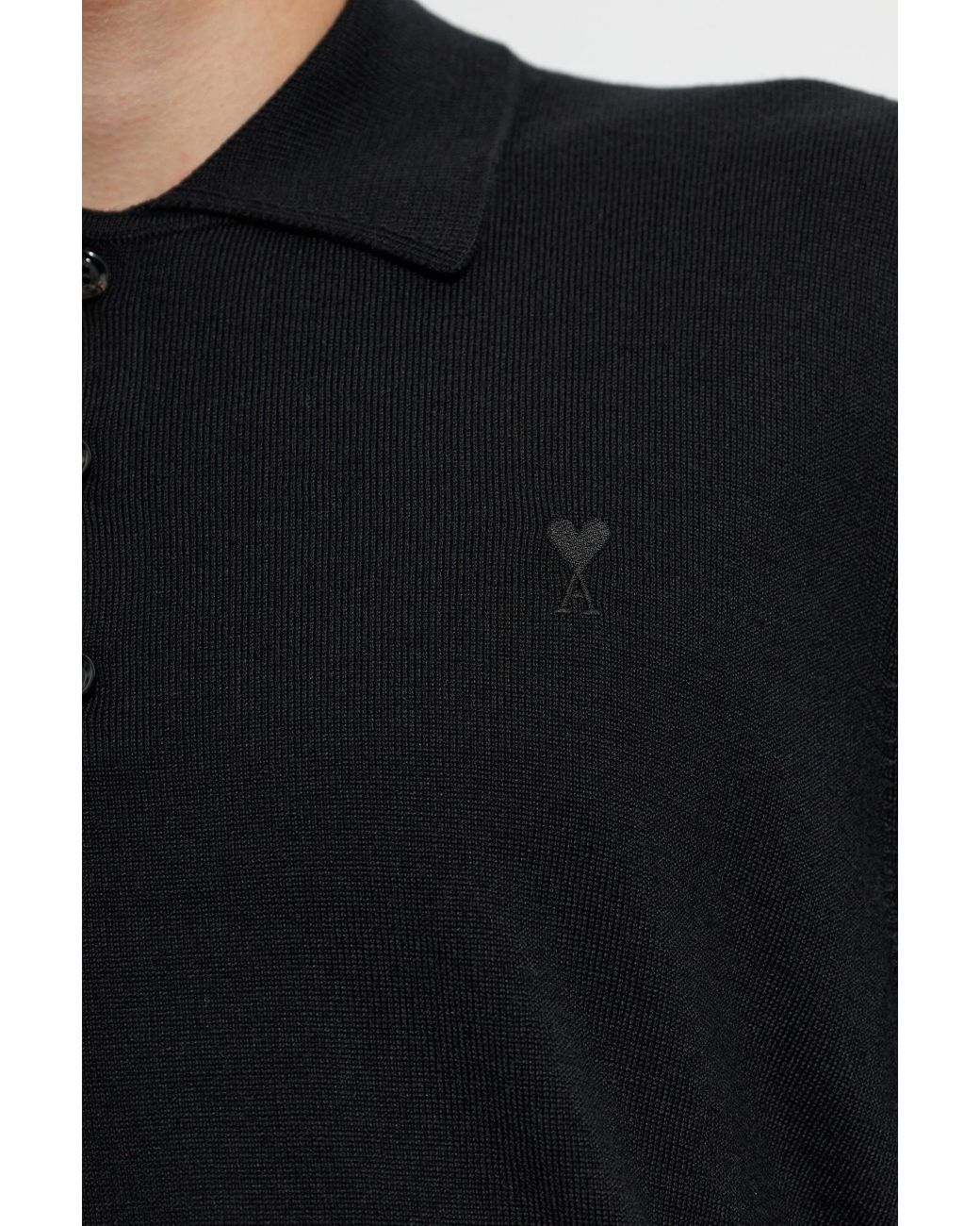 AMI Black Wool Polo Shirt With Embroidered Logo for men