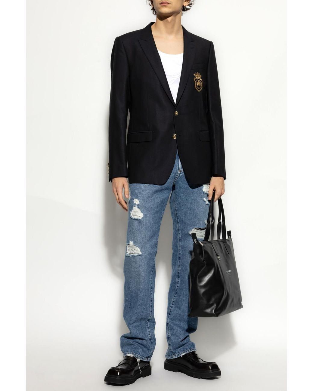 Dolce & Gabbana Black Wool Blazer With Appliqué for men