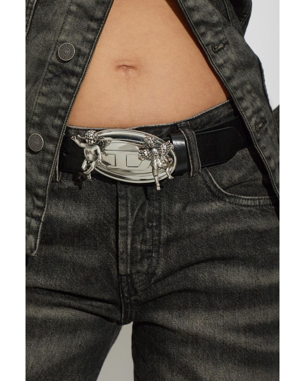 DIESEL Black Leather Belt 'B-Oval Angels'