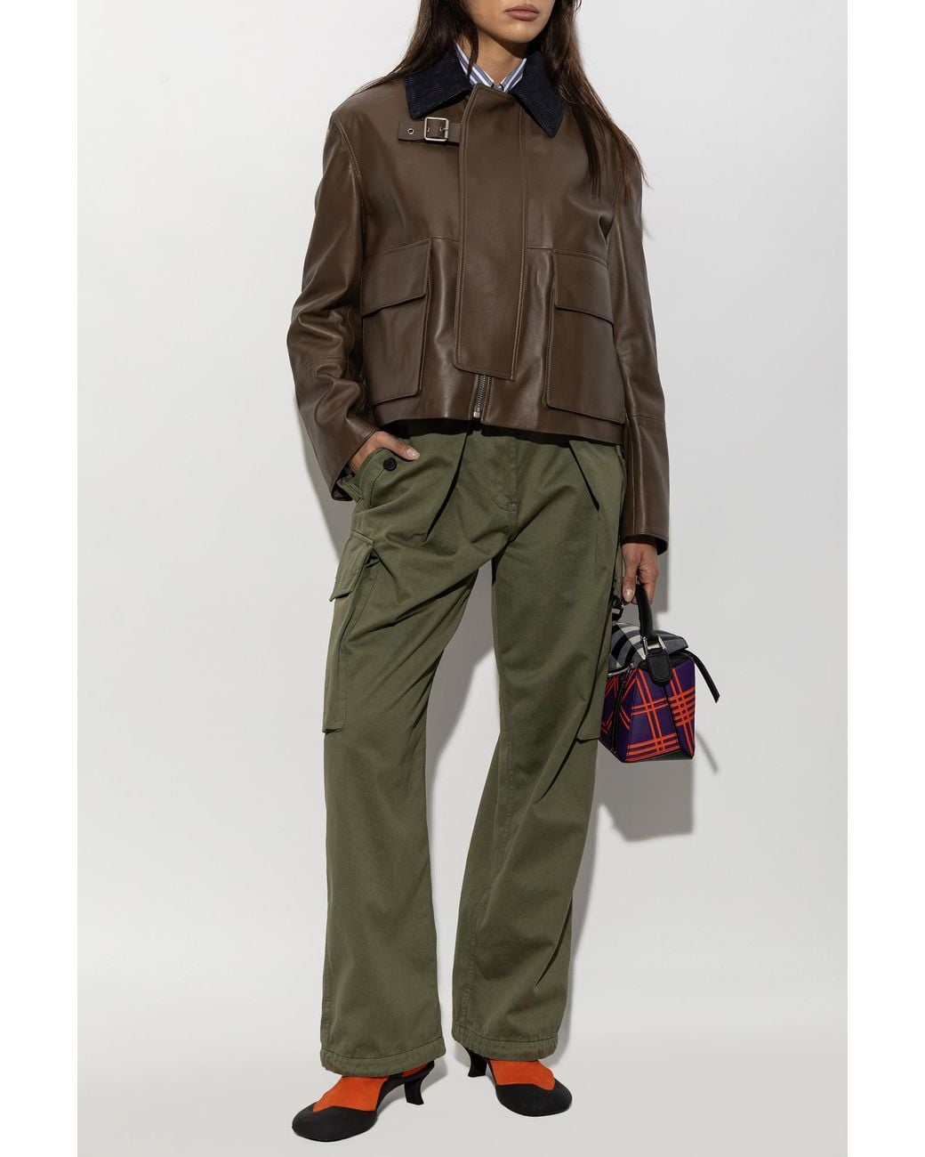 Loewe Brown Leather Jacket With Corduroy Collar