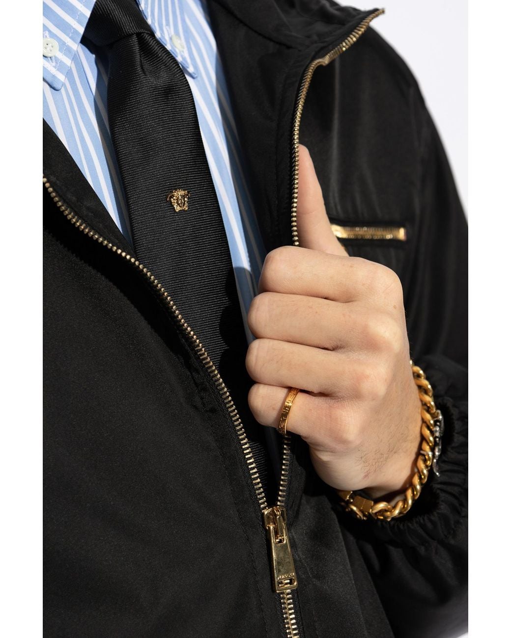 Versace Black Ring With Engraved Pattern