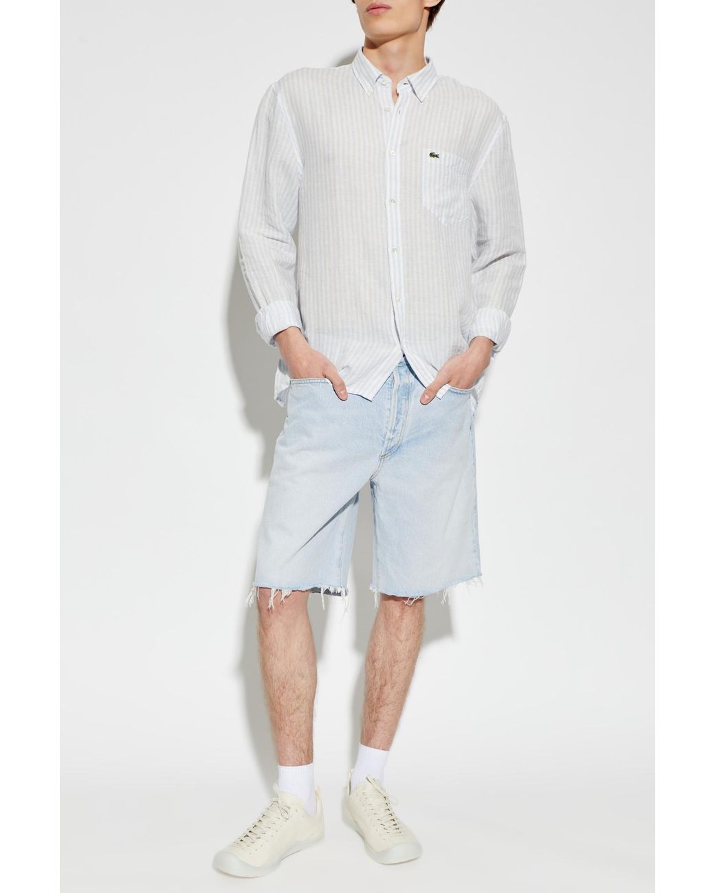Lacoste White Linen Shirt With Striped Pattern for men