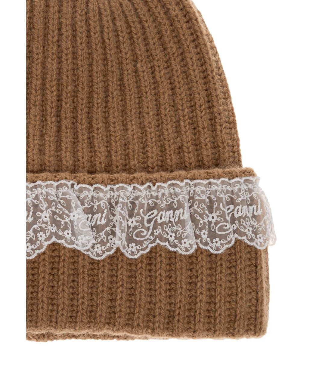 Ganni Brown Beanie Hat With Lace Trim