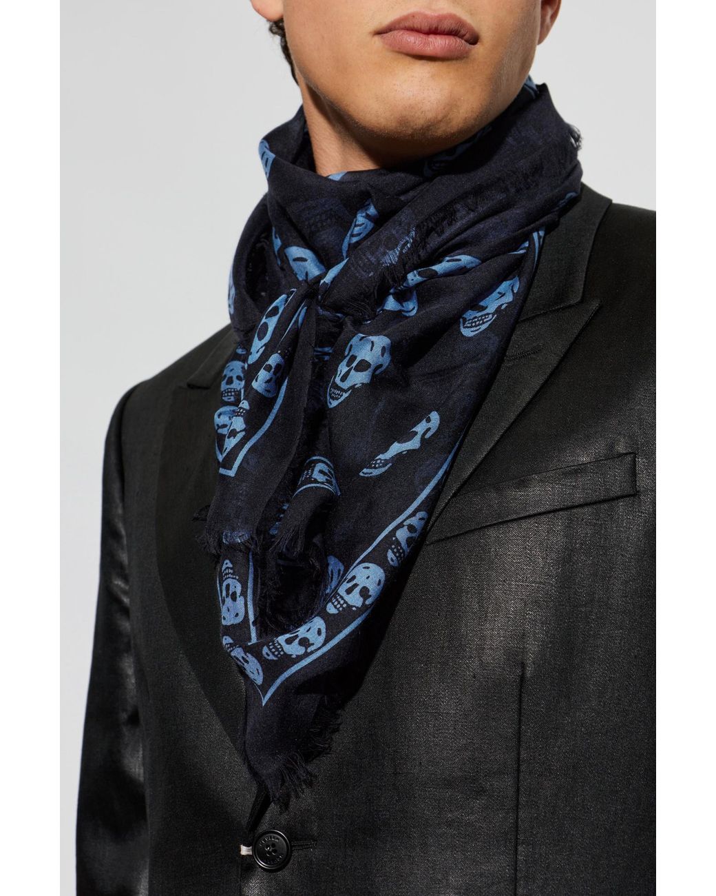 McQueen Blue Silk Scarf With A Distinctive Skull Motif for men