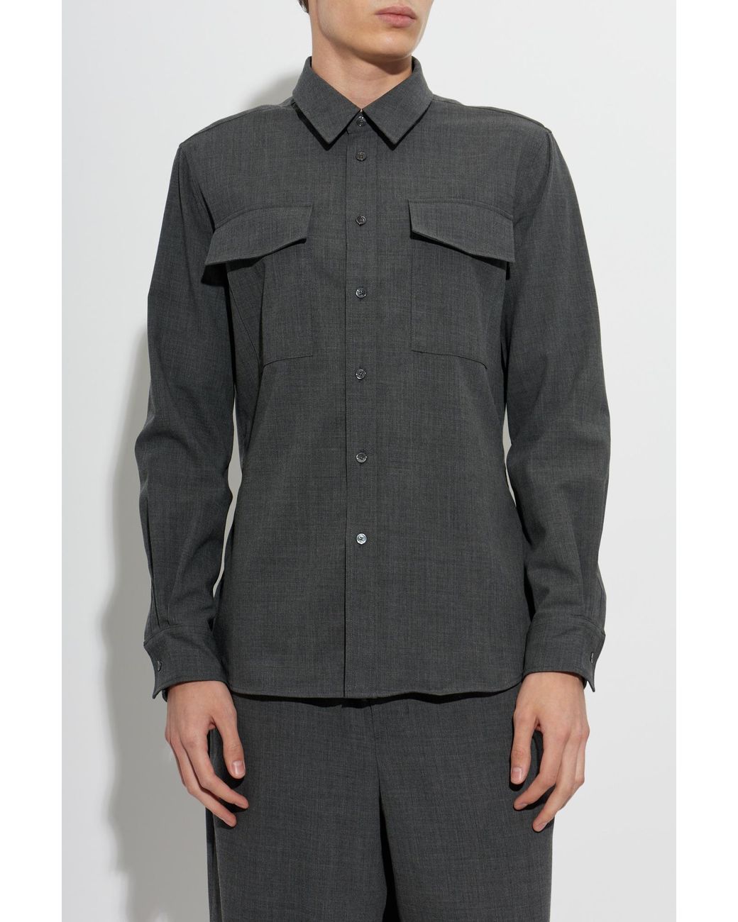 AMI Gray Wool Shirt With Pockets for men
