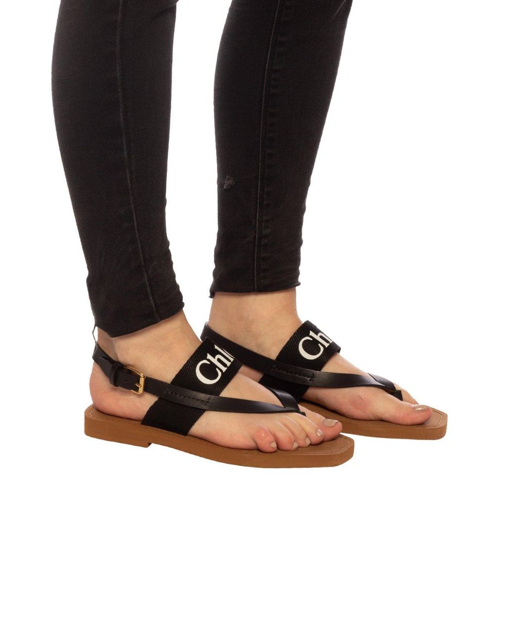 Chloé Woody Logo Strap Sandals in Black | Lyst