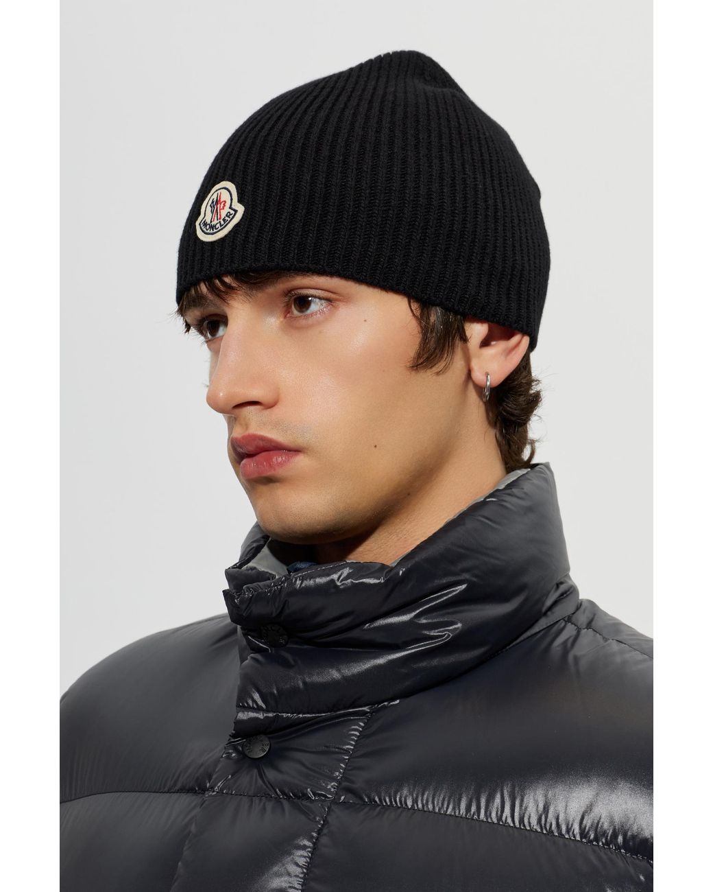 Moncler Black Wool Beanie With Logo Patch for men